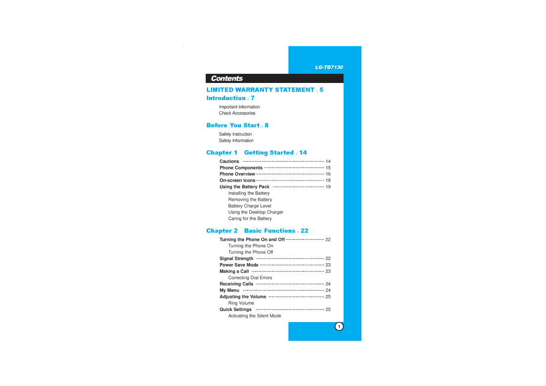 LG Electronics TD7130 manual Contents 