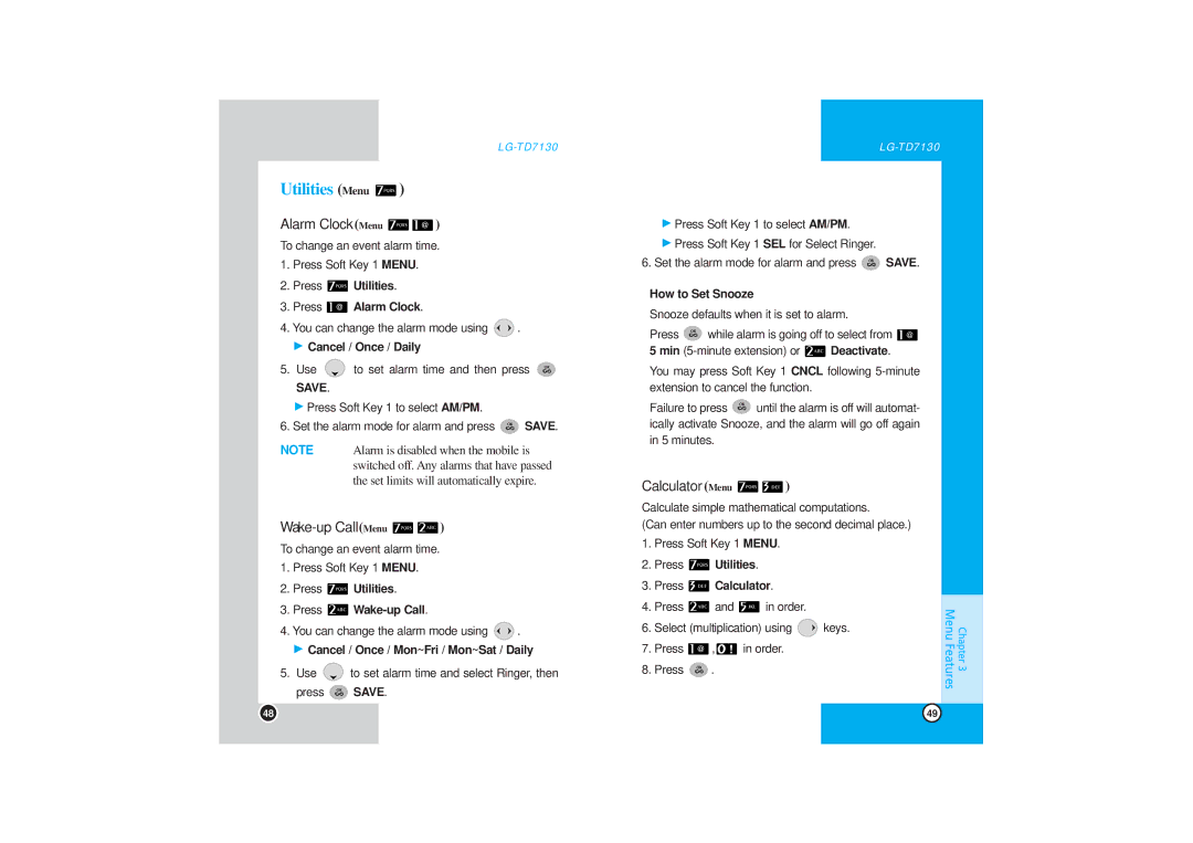 LG Electronics TD7130 manual Utilities Menu, Alarm Clock Menu, Wake-up Call Menu, Calculator Menu 