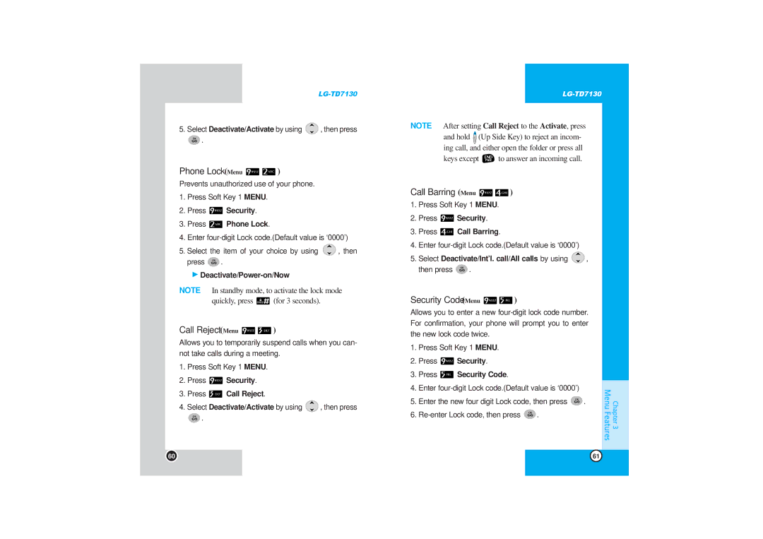 LG Electronics TD7130 manual Phone Lock Menu, Call Reject Menu, Call Barring Menu, Security Code Menu 