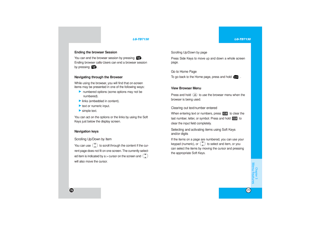 LG Electronics TD7130 manual Ending the browser Session, Navigating through the Browser, Navigation keys, View Browser Menu 
