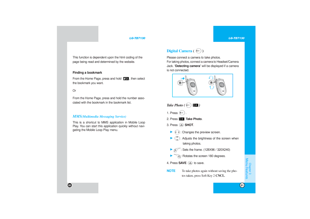 LG Electronics TD7130 manual Take Photo R, Finding a bookmark, Press Take Photo 