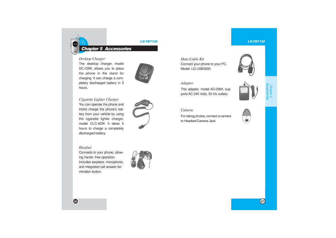 LG Electronics TD7130 manual Accessories, Desktop Charger 