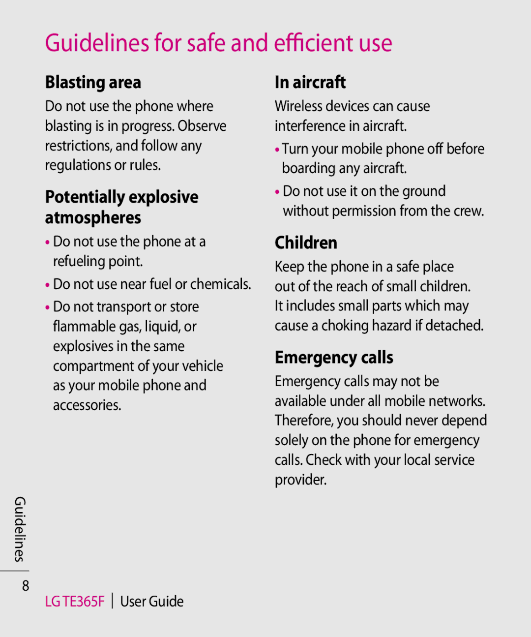 LG Electronics TE365F manual Blasting area, Aircraft, Children, Emergency calls, Potentially explosive atmospheres 