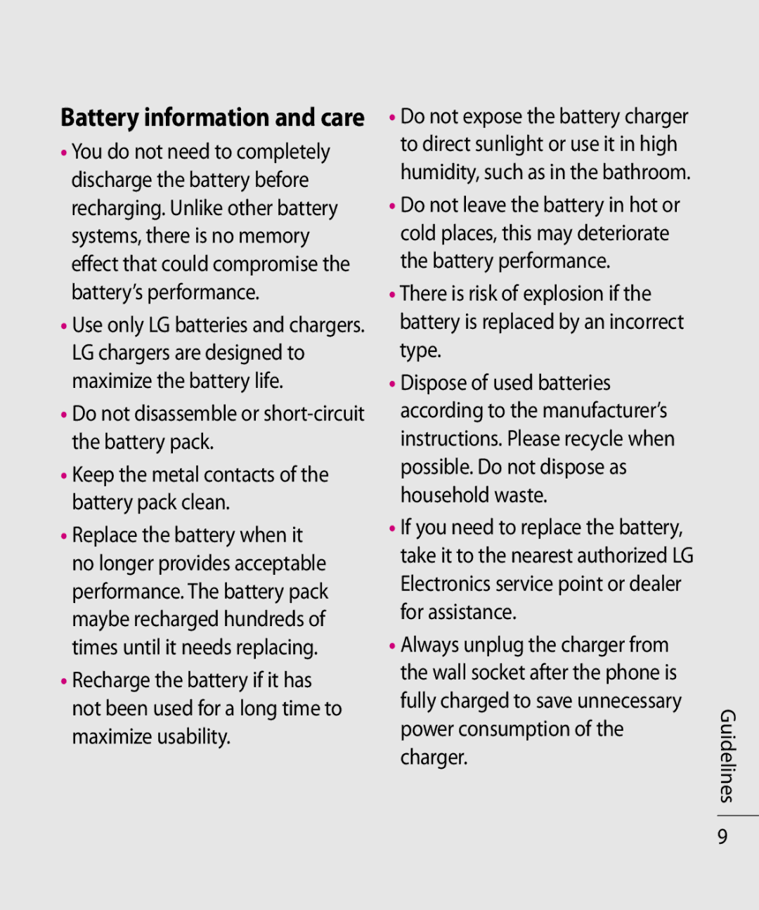 LG Electronics TE365F manual Battery information and care 