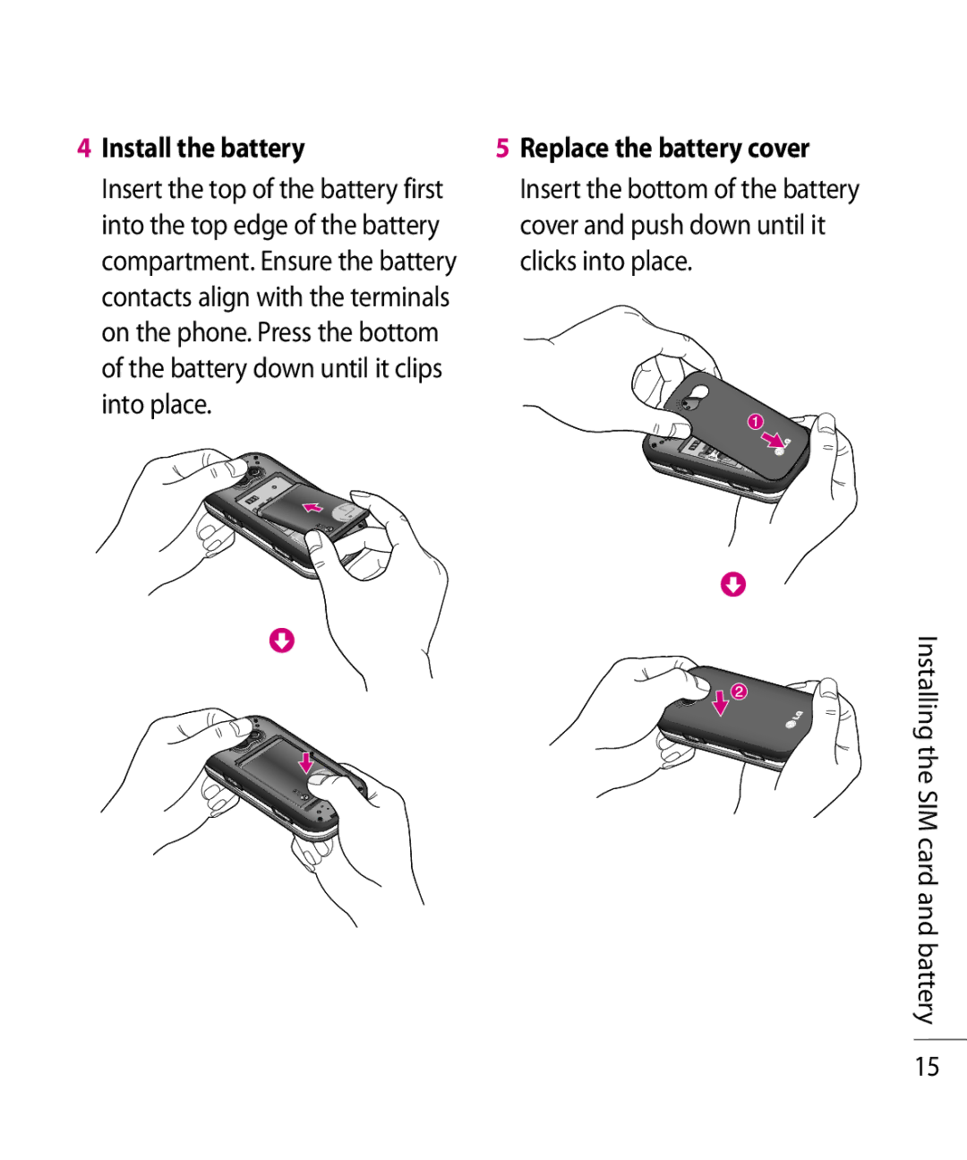 LG Electronics TE365F manual Install the battery, Insert the top of the battery first, Into the top edge of the battery 