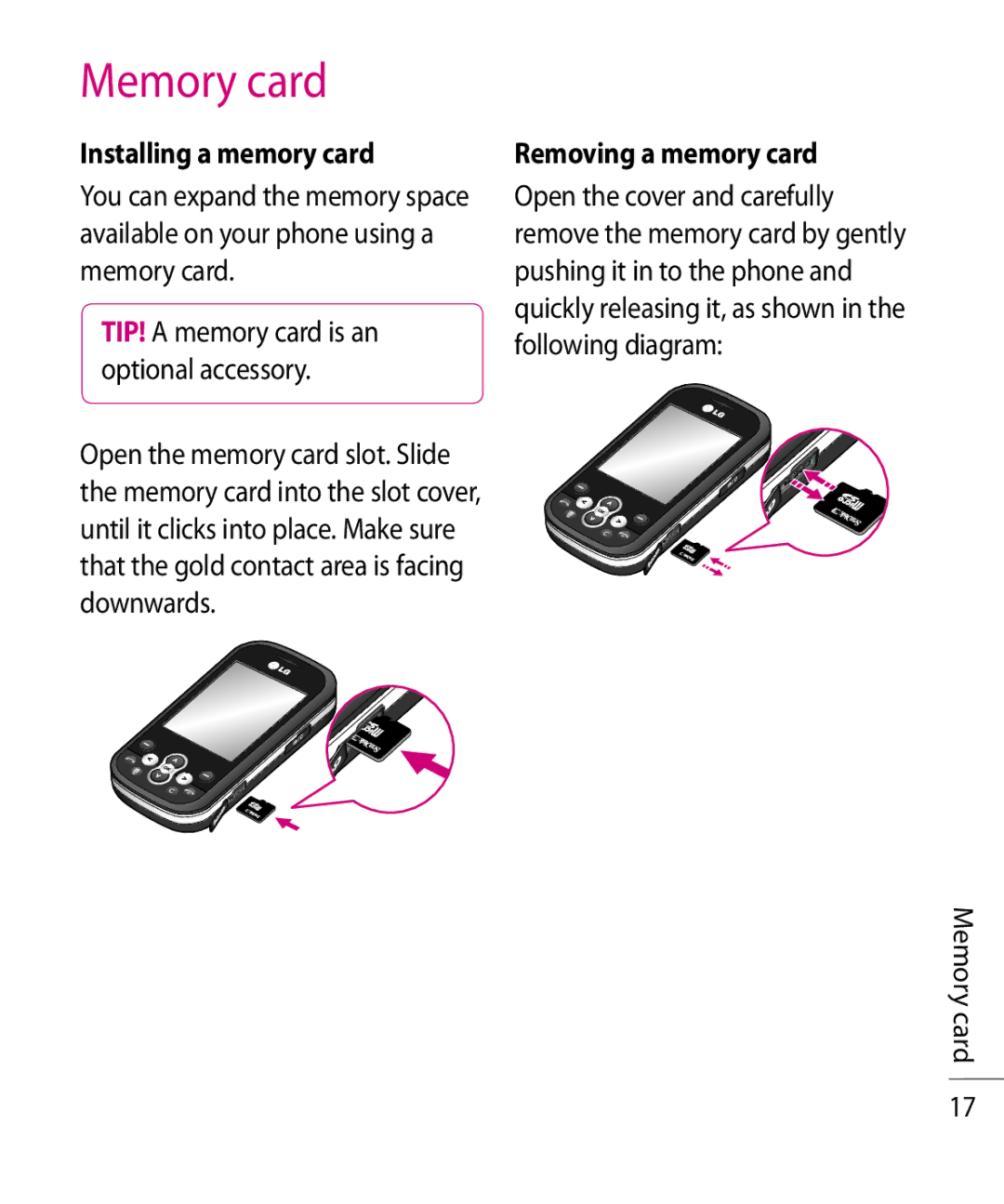 LG Electronics TE365F manual Memory card, Installing a memory card, Removing a memory card 