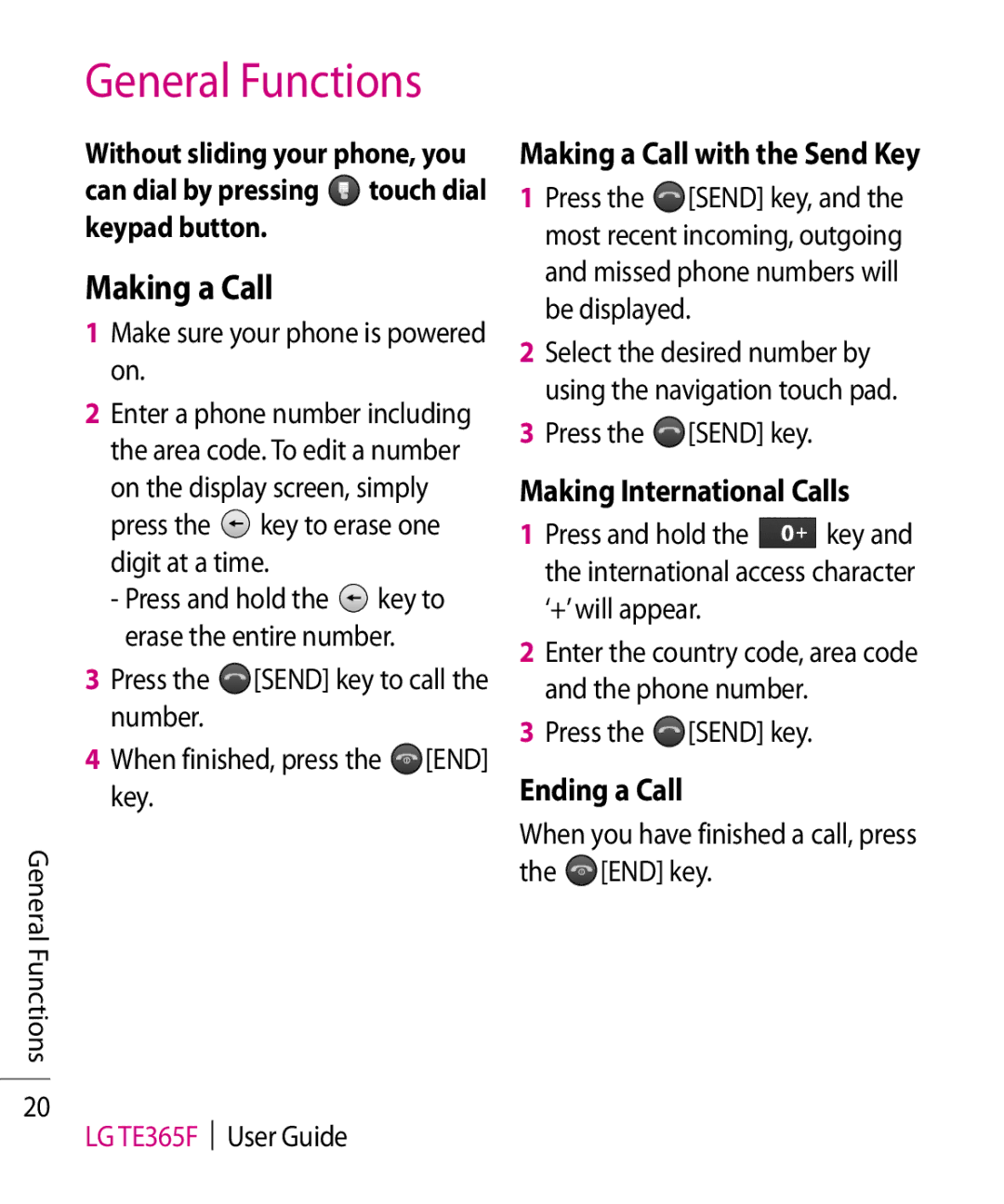 LG Electronics TE365F General Functions, Making a Call with the Send Key, Making International Calls, Ending a Call 