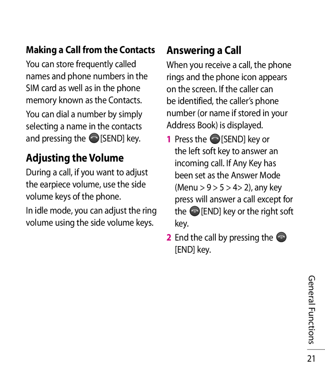 LG Electronics TE365F manual Adjusting the Volume, Answering a Call 