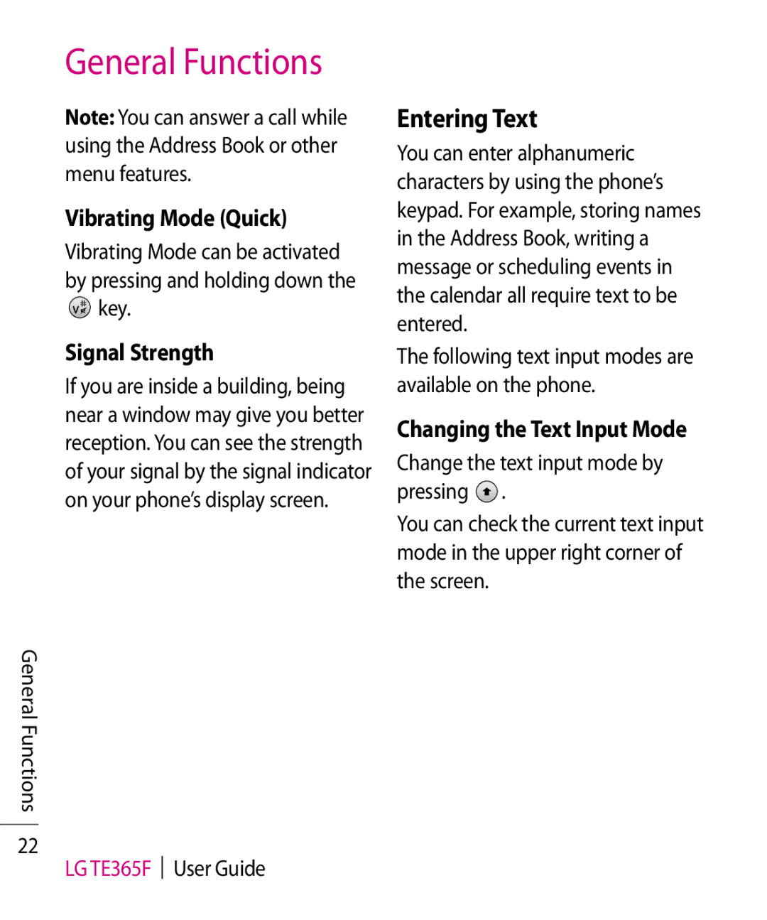 LG Electronics TE365F manual Entering Text, Vibrating Mode Quick, Signal Strength, Changing the Text Input Mode 