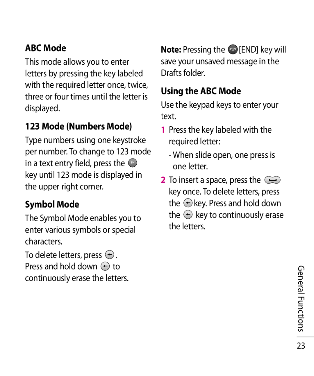 LG Electronics TE365F manual Mode Numbers Mode, Symbol Mode, Using the ABC Mode 