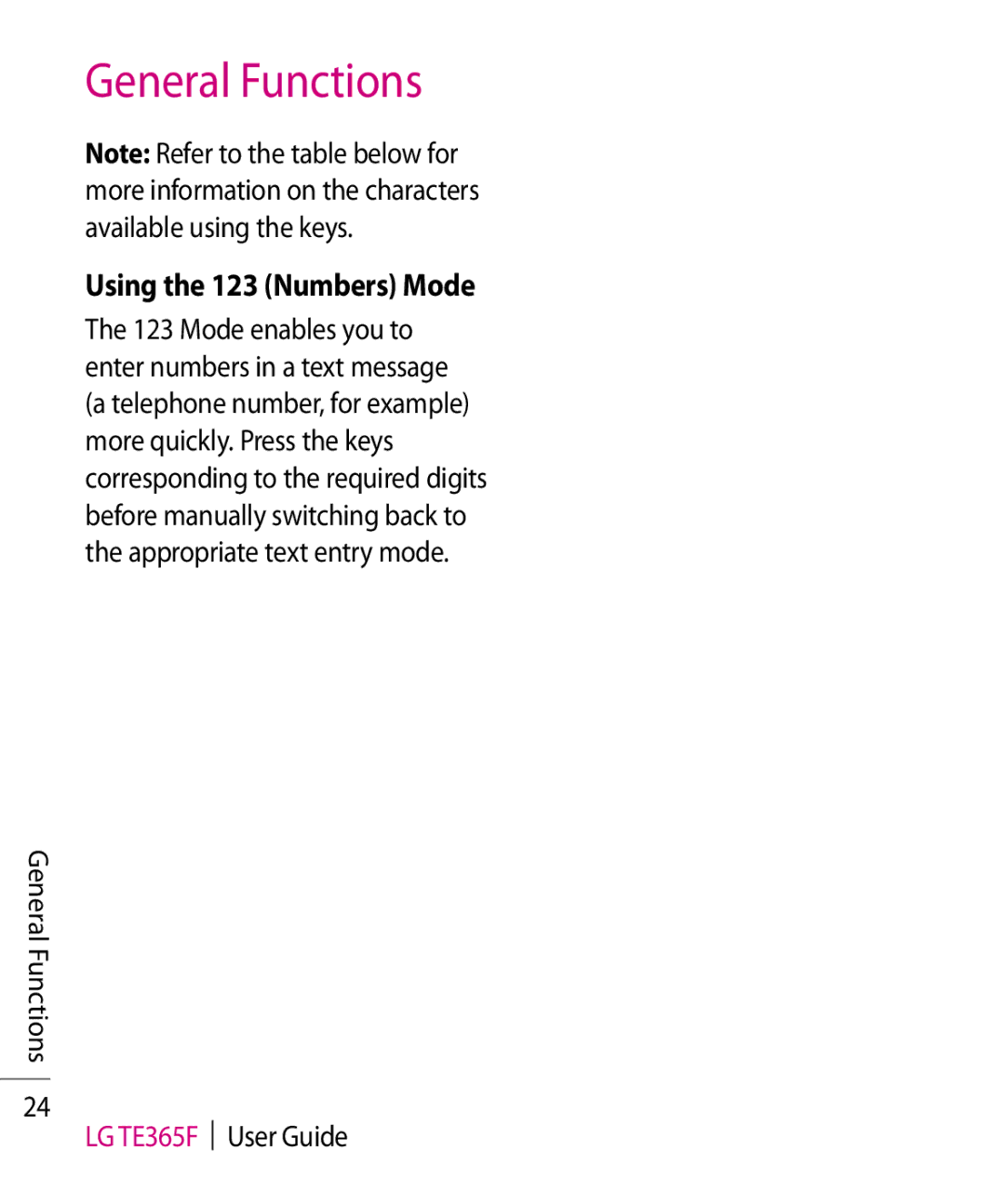 LG Electronics TE365F manual Using the 123 Numbers Mode 