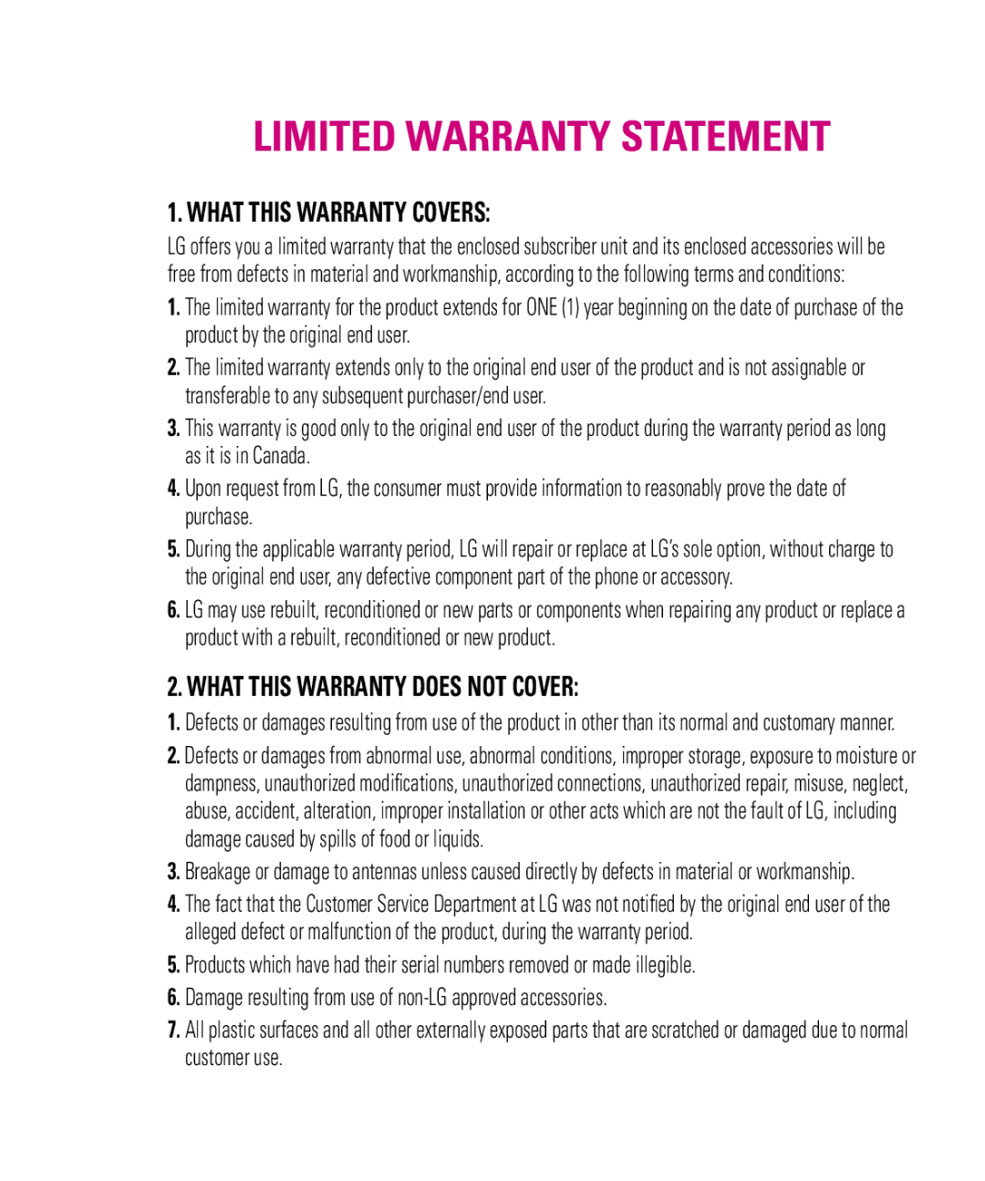 LG Electronics TE365F manual Limited Warranty Statement 