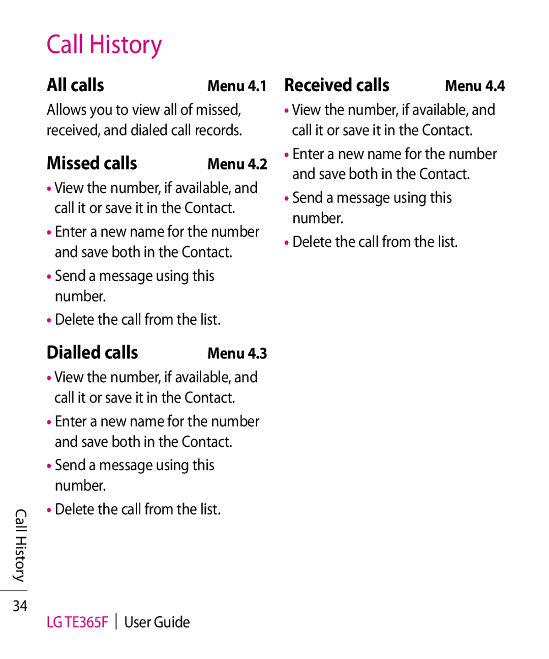 LG Electronics TE365F manual Call History, All calls, Missed calls, Dialled calls, Received calls 