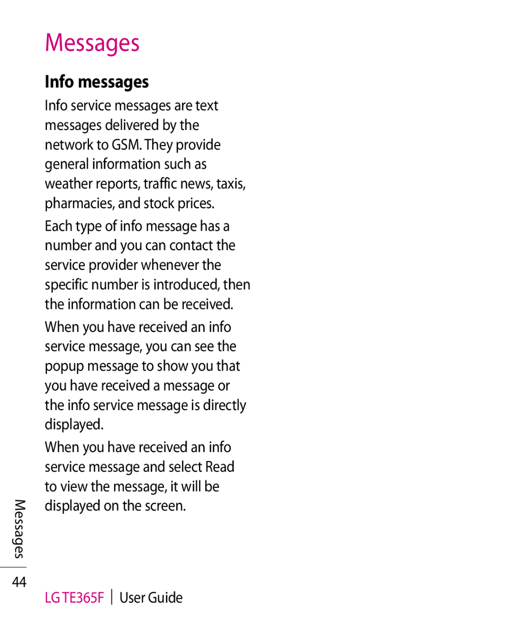 LG Electronics TE365F manual Info messages 