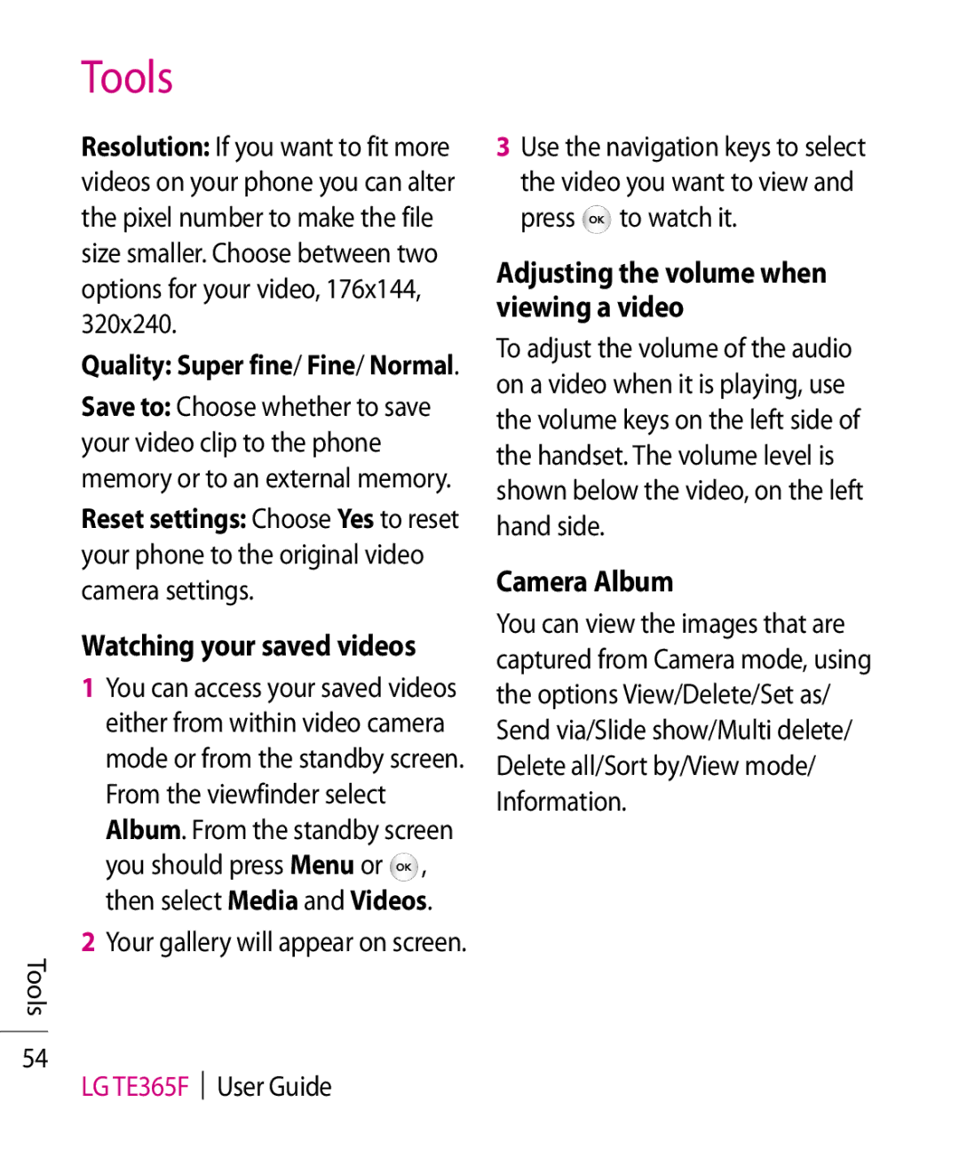 LG Electronics TE365F manual Watching your saved videos, Adjusting the volume when viewing a video, Camera Album 