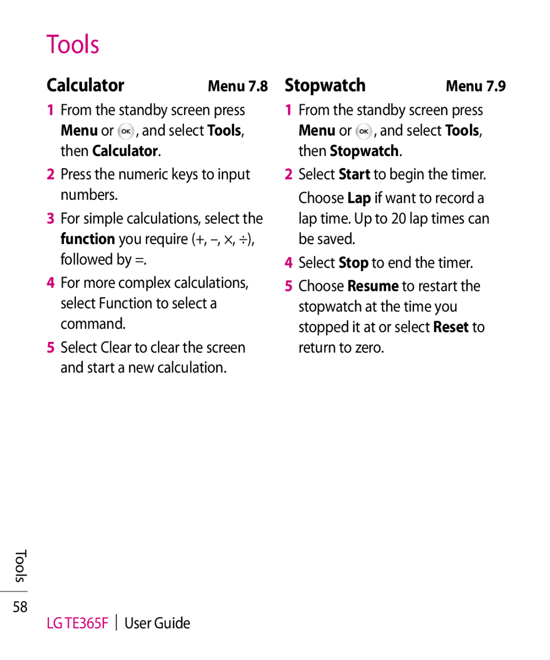 LG Electronics TE365F manual Calculator, Stopwatch 