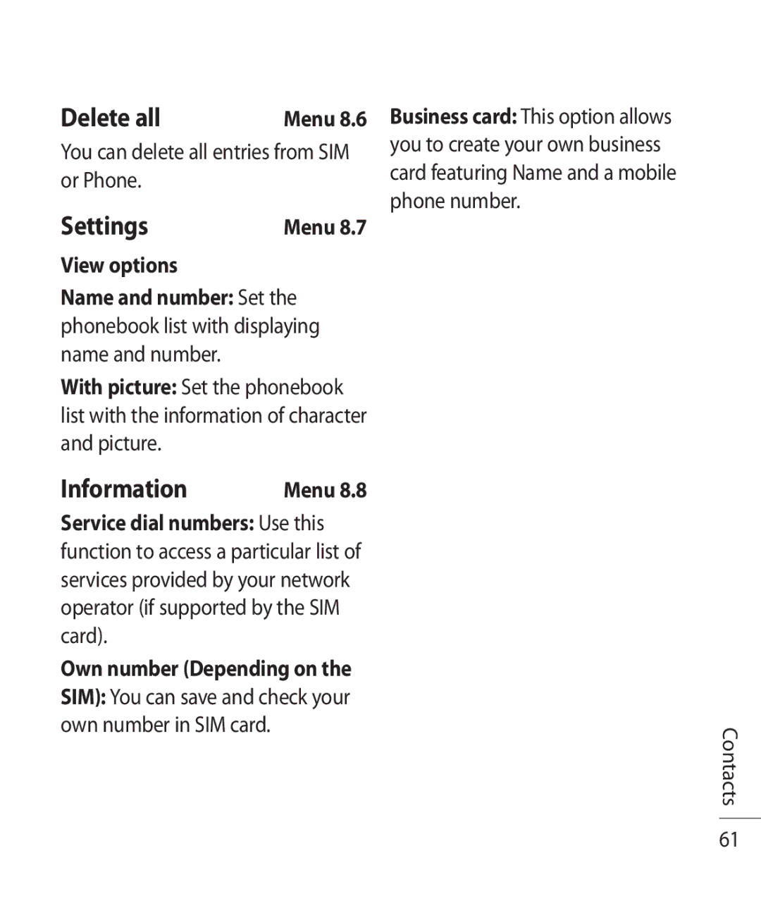 LG Electronics TE365F manual Delete all, Information, Or Phone, View options Name and number Set 