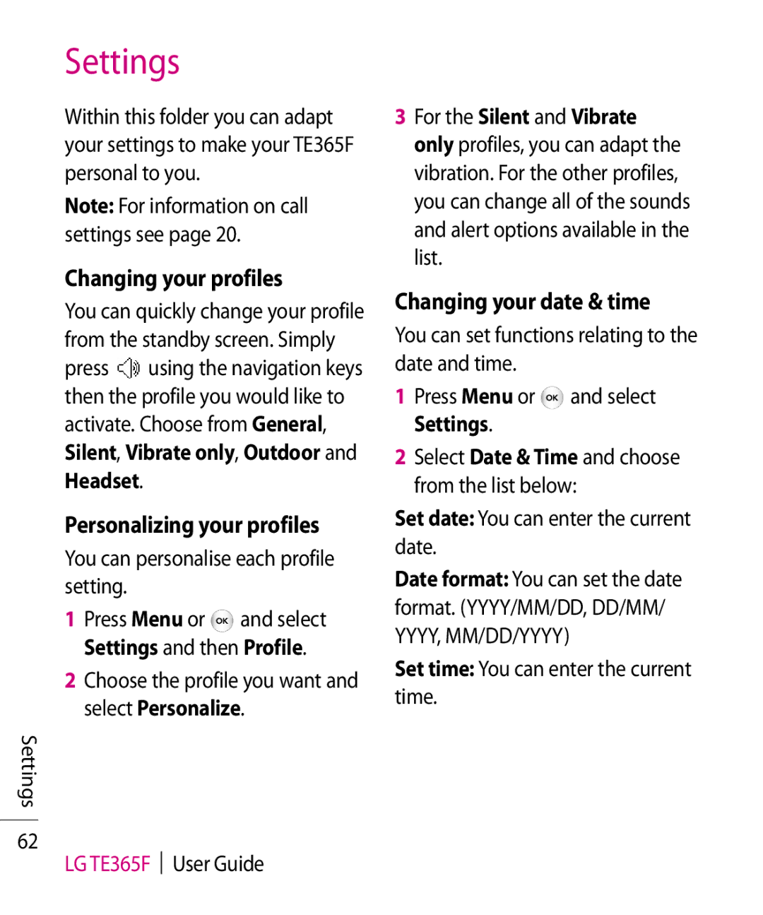 LG Electronics TE365F manual Settings, Changing your profiles, Personalizing your profiles, Changing your date & time 