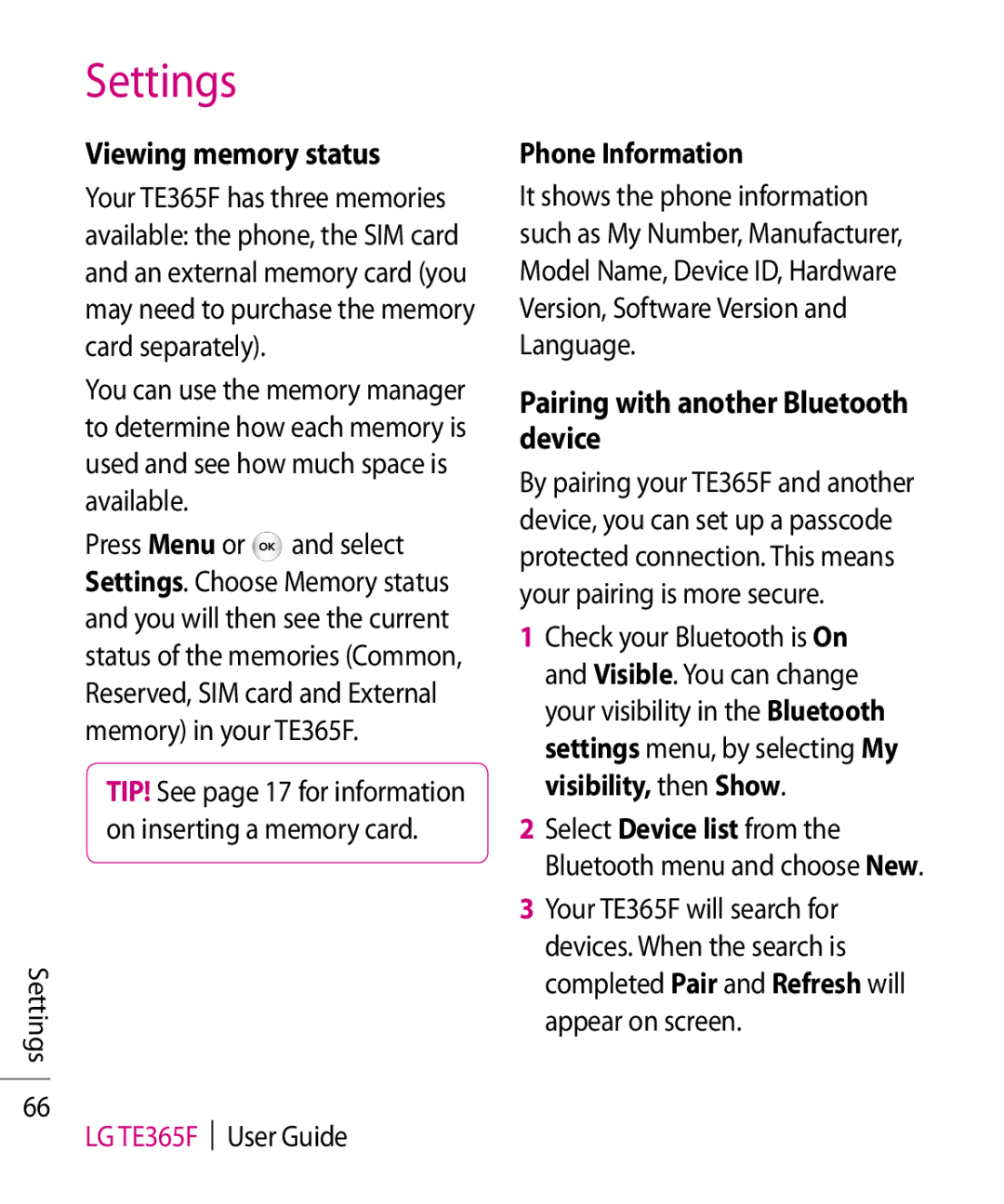 LG Electronics manual Viewing memory status, Pairing with another Bluetooth device, Settings LG TE365F User Guide 