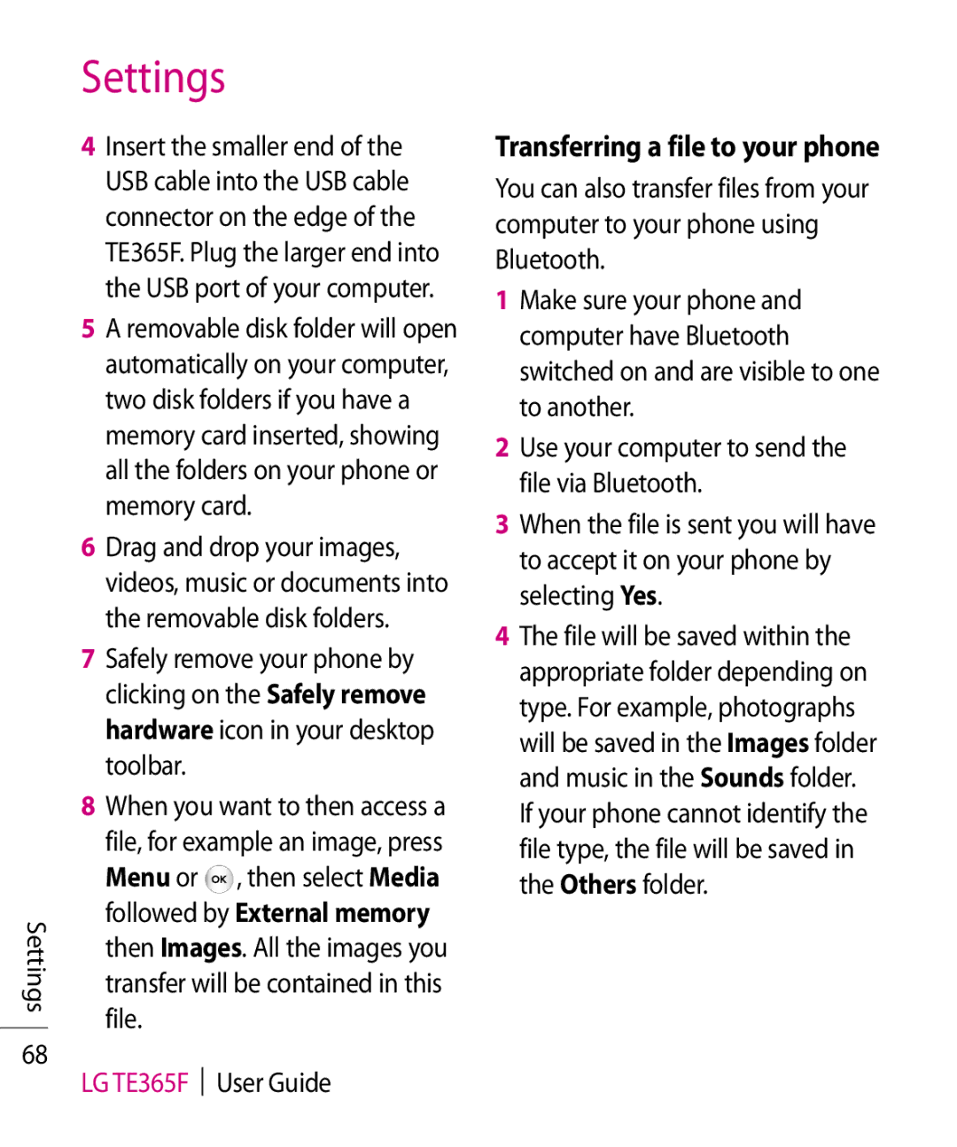 LG Electronics TE365F manual Transferring a file to your phone 