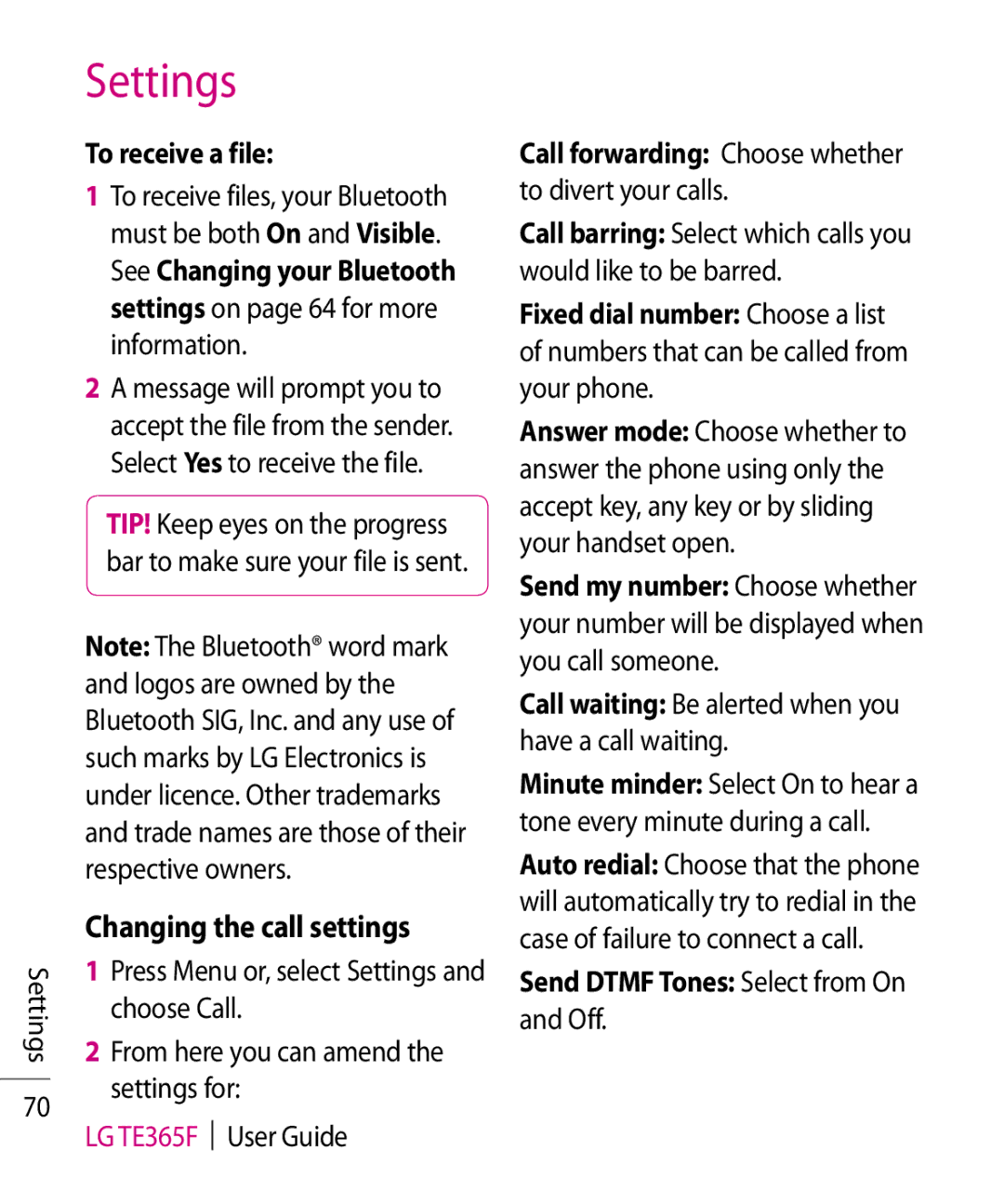 LG Electronics TE365F Changing the call settings, To receive a file, Call forwarding Choose whether to divert your calls 