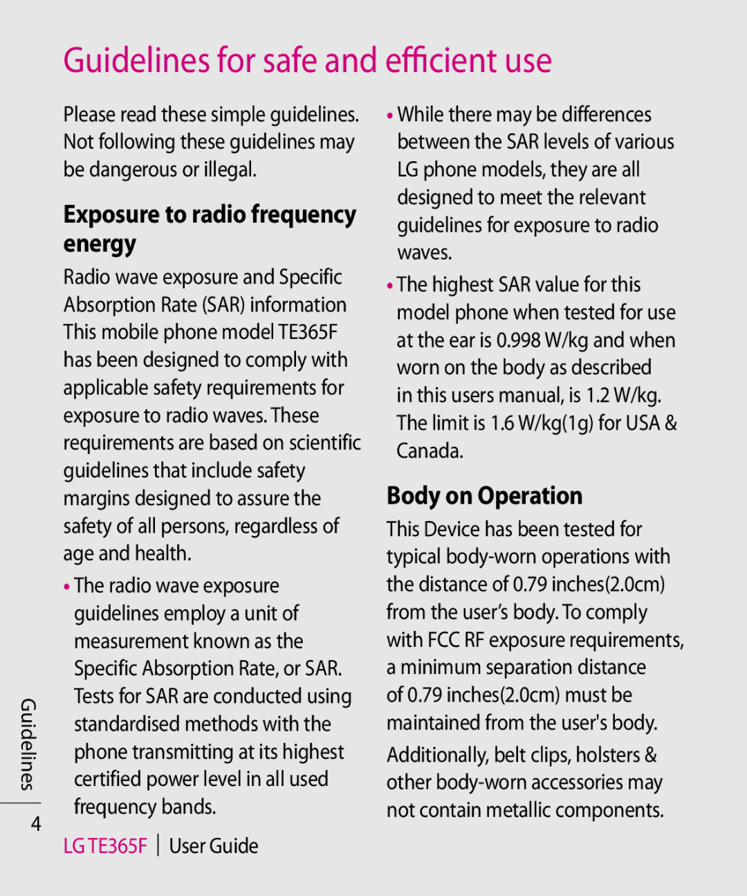 LG Electronics TE365F manual Guidelines for safe and efficient use, Exposure to radio frequency energy, Body on Operation 