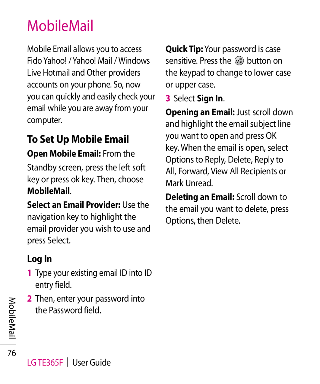 LG Electronics TE365F manual MobileMail, To Set Up Mobile Email, Log, Open Mobile Email From 