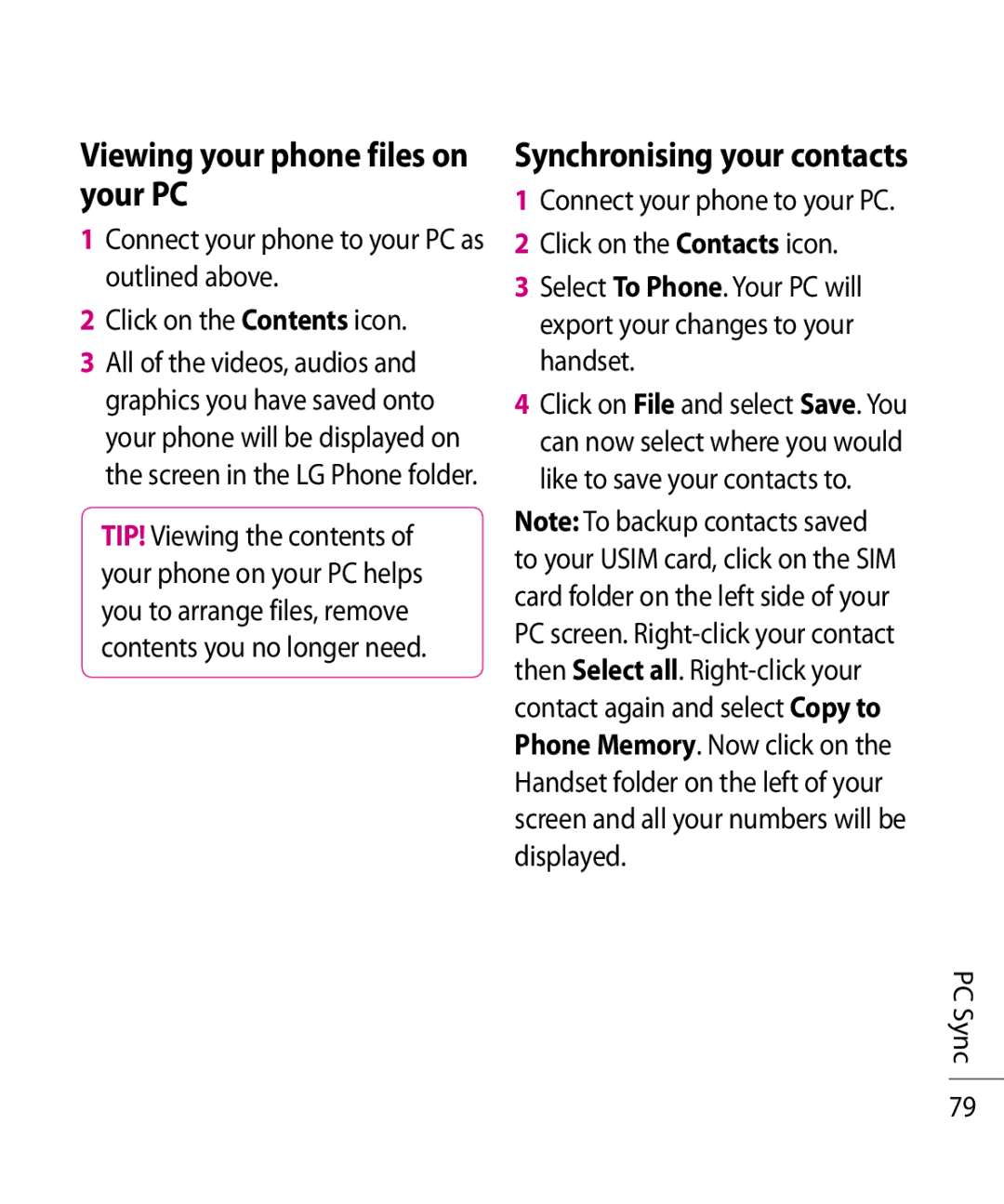 LG Electronics TE365F manual Viewing your phone files on your PC, Synchronising your contacts 