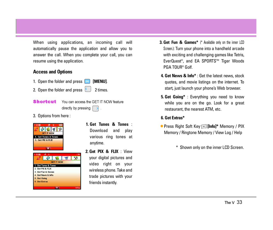 LG Electronics The V manual Access and Options, Get Tunes & Tones, Get Extras 