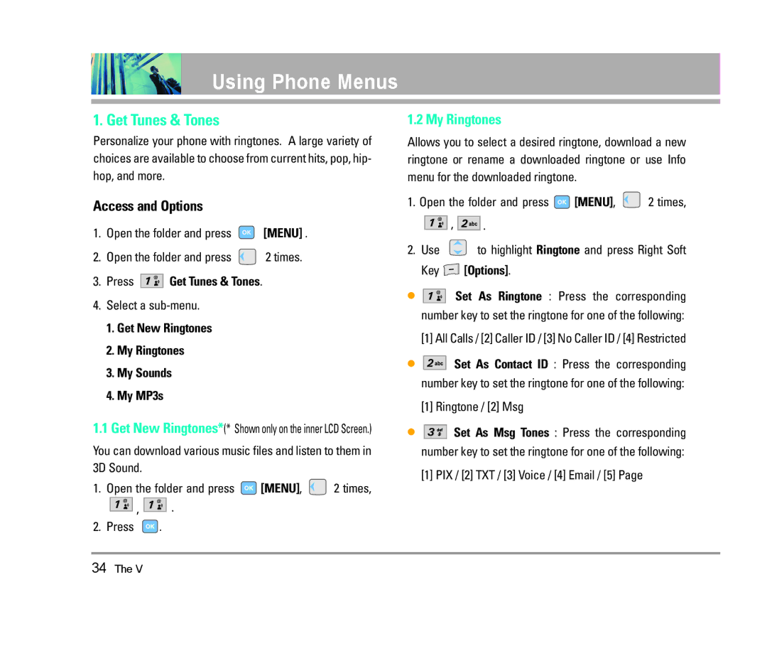 LG Electronics The V manual Press Get Tunes & Tones, Get New Ringtones My Ringtones My Sounds My MP3s, Key Options 