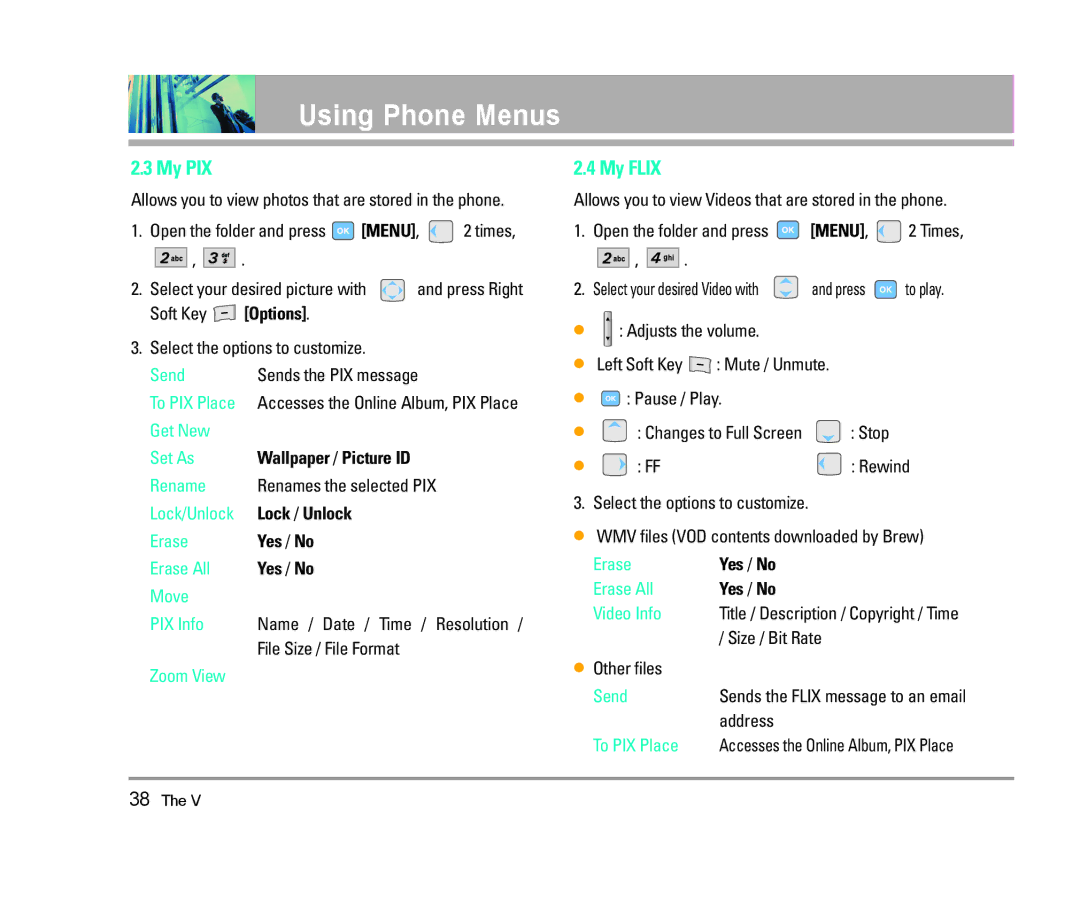 LG Electronics The V manual My PIX, My Flix, Open the folder and press 