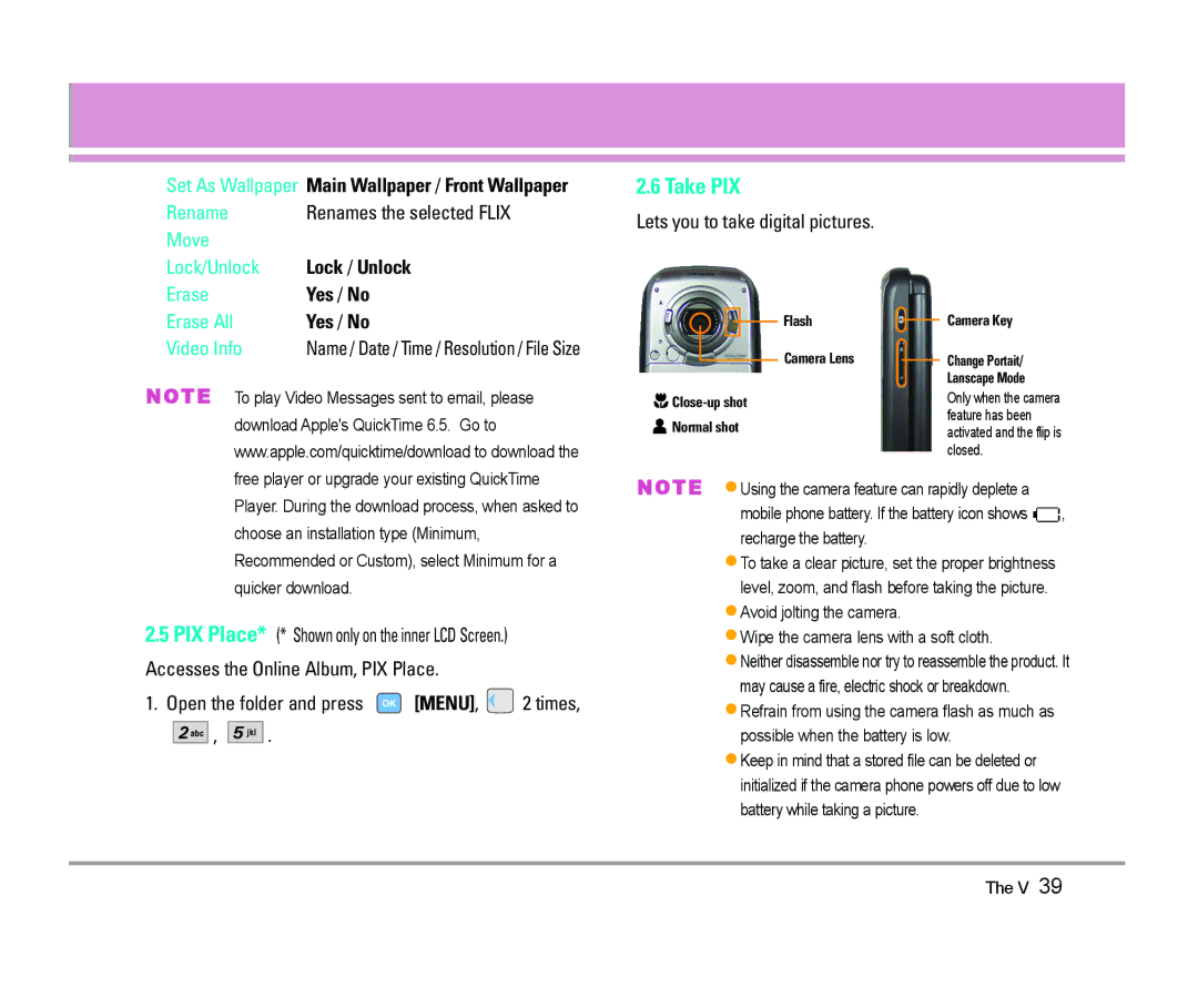 LG Electronics The V manual Take PIX, Lets you to take digital pictures 