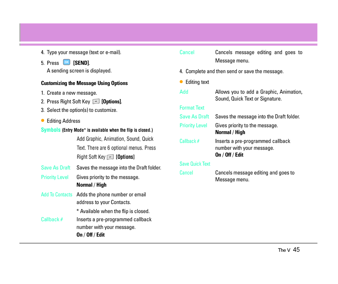 LG Electronics The V manual Customizing the Message Using Options, Normal / High, On / Off / Edit 