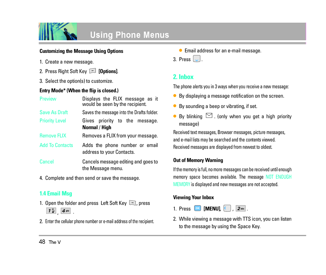 LG Electronics The V manual Inbox, Email Msg, Out of Memory Warning, Open the folder and press Left Soft Key , press 