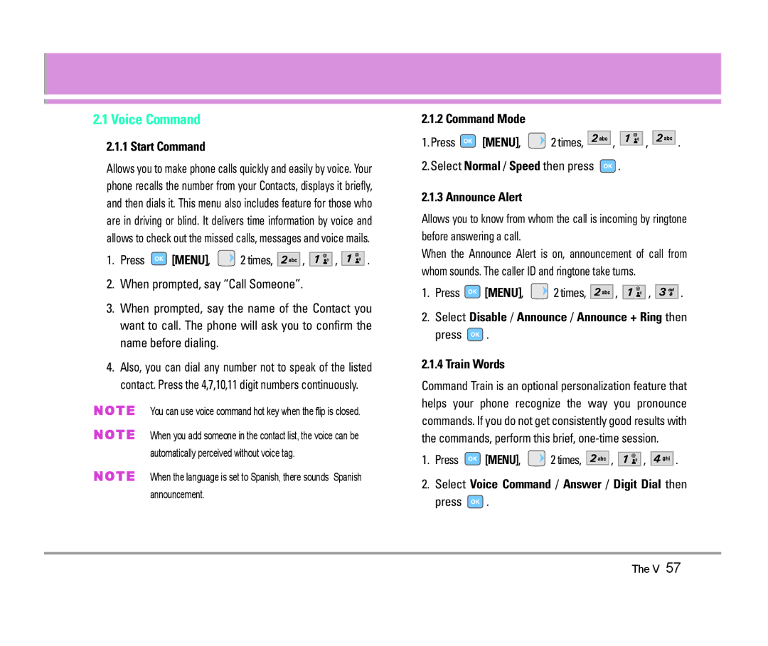 LG Electronics The V manual Voice Command, Start Command, Command Mode, Announce Alert, Train Words 