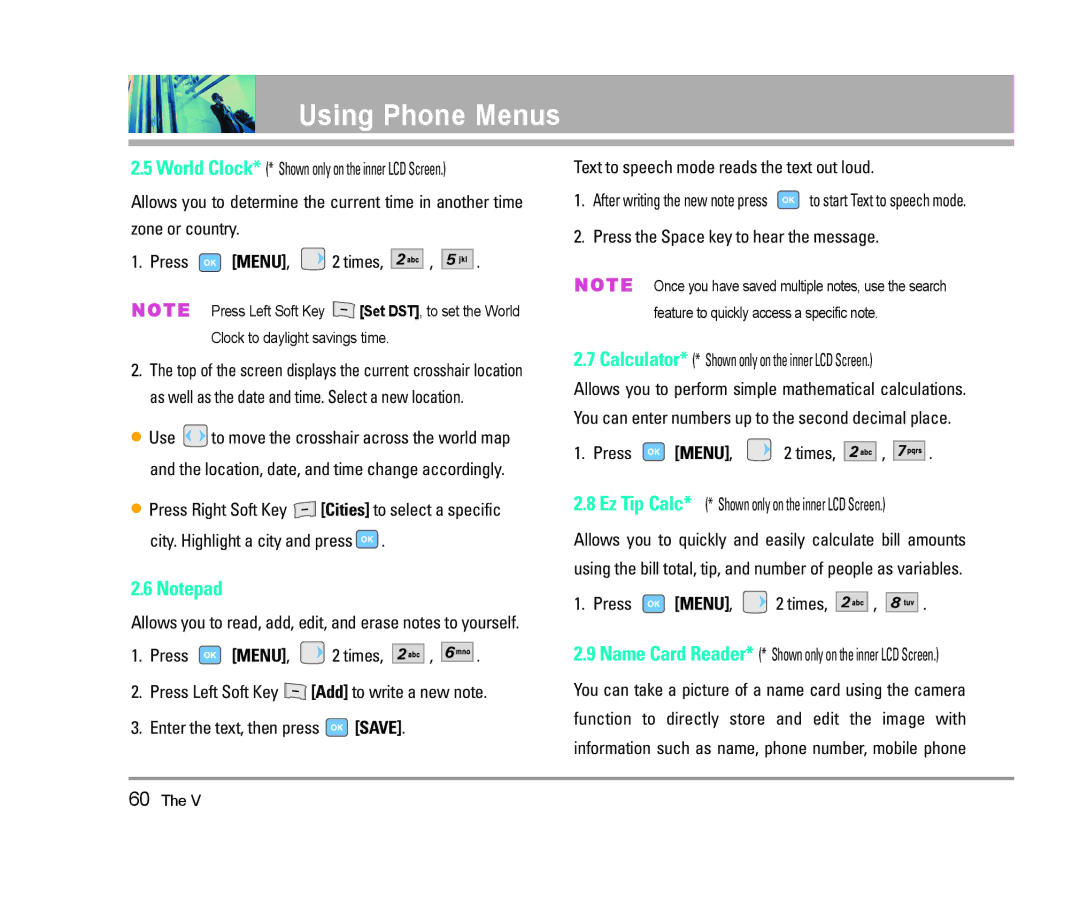 LG Electronics The V manual Press the Space key to hear the message, Ez Tip Calc* * Shown only on the inner LCD Screen 