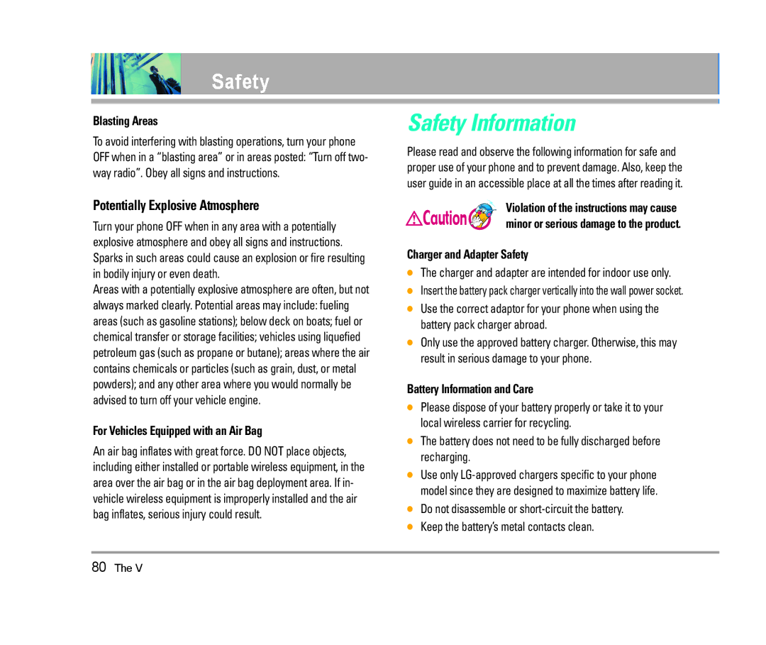 LG Electronics The V manual Potentially Explosive Atmosphere, Blasting Areas, For Vehicles Equipped with an Air Bag 