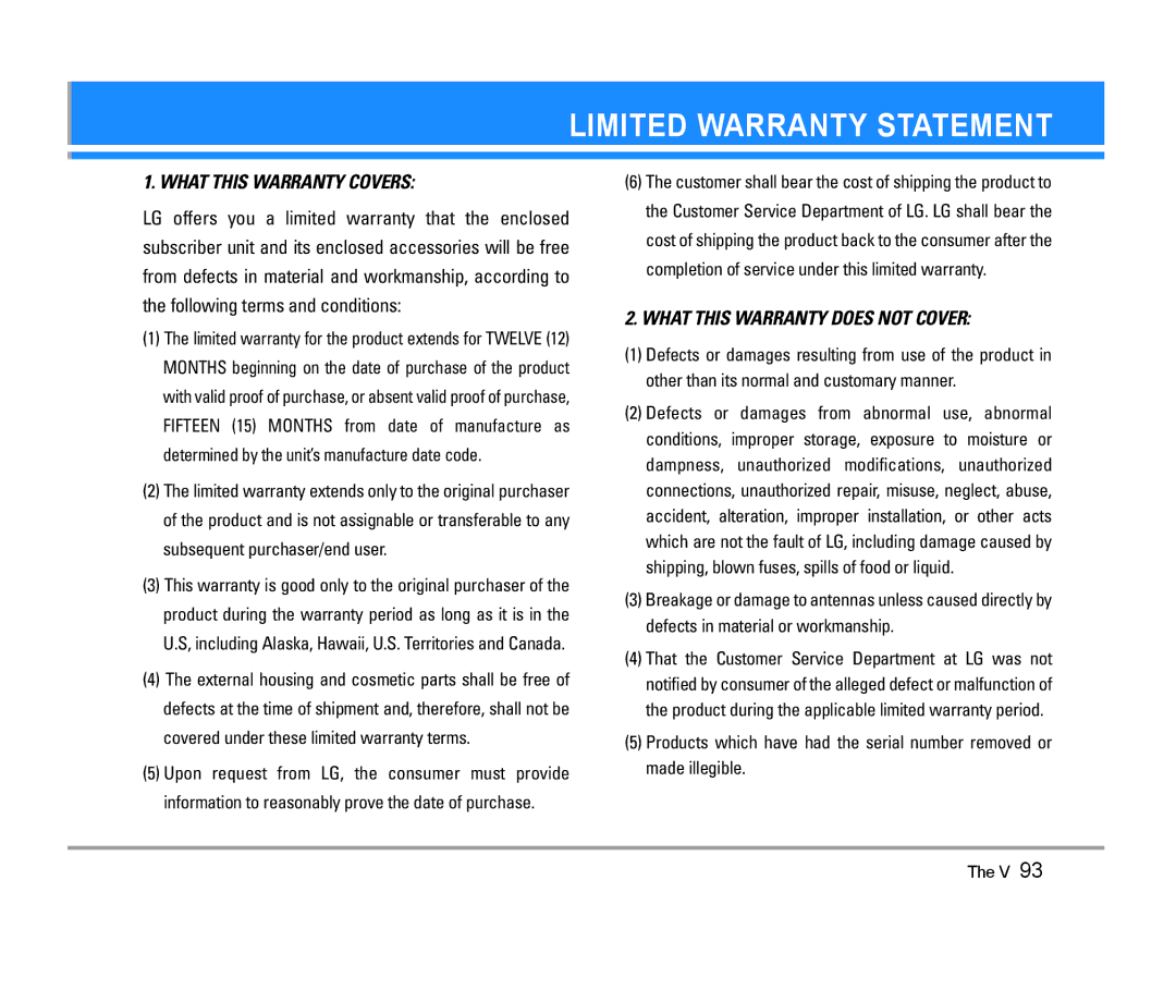 LG Electronics The V manual Limited Warranty Statement 