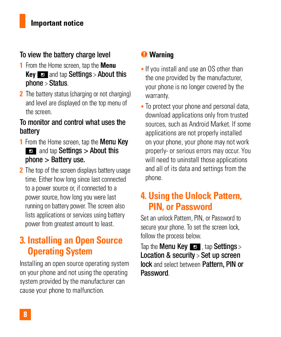 LG Electronics Thrill4GUnlocked user manual Important notice, To view the battery charge level 