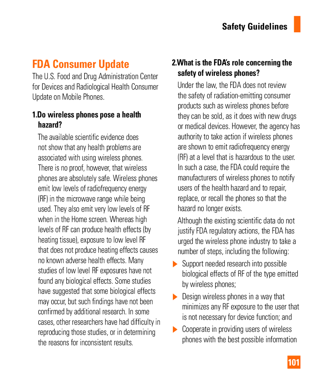 LG Electronics Thrill4GUnlocked user manual FDA Consumer Update, 101, Do wireless phones pose a health hazard? 