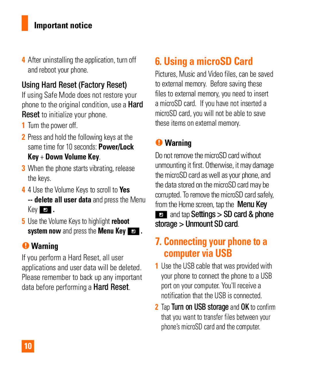 LG Electronics Thrill4GUnlocked user manual Using a microSD Card, Using Hard Reset Factory Reset 