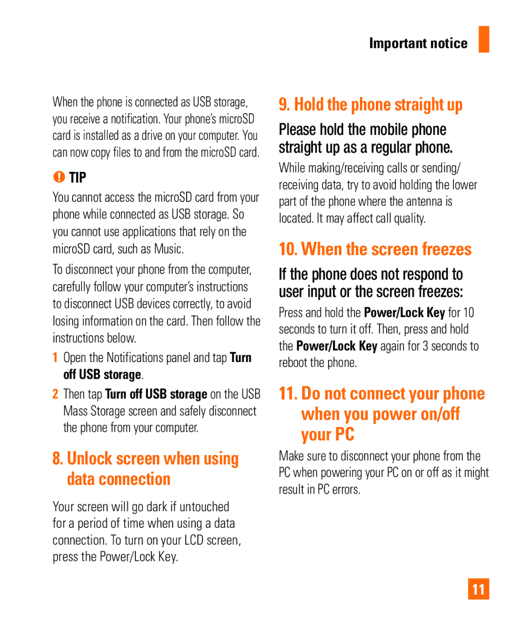 LG Electronics Thrill4GUnlocked user manual Your PC, Tip, Please hold the mobile phone straight up as a regular phone 