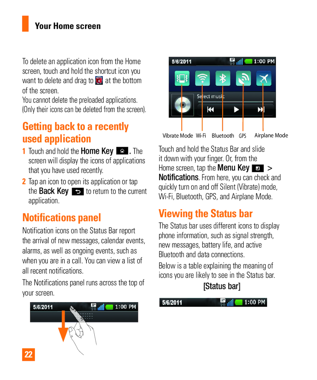 LG Electronics Thrill4GUnlocked user manual Notifications panel, Viewing the Status bar 