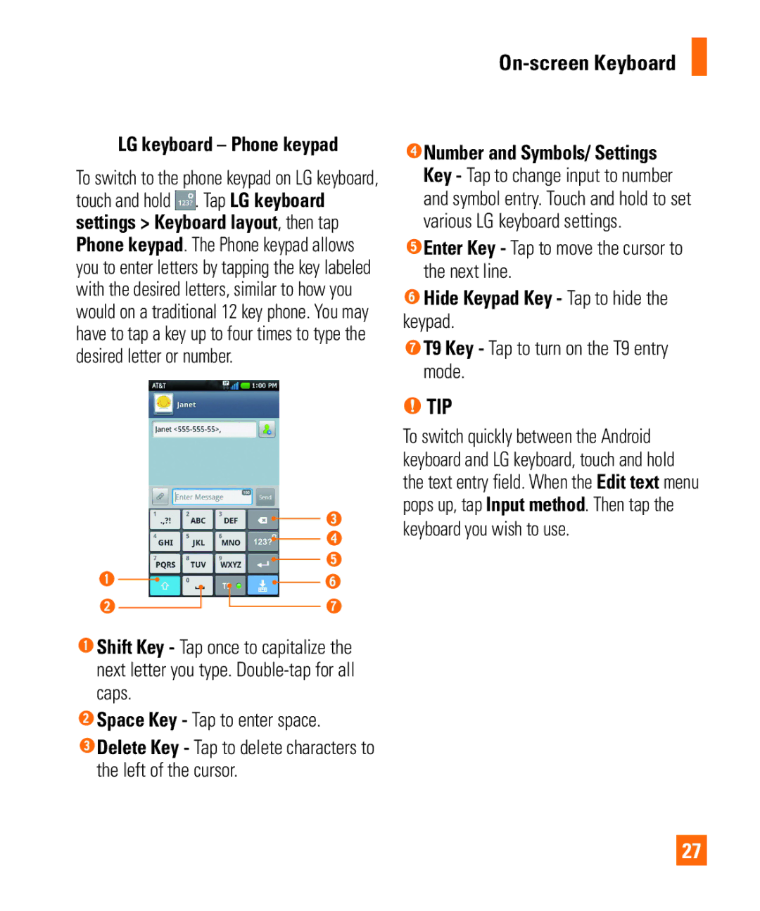 LG Electronics Thrill4GUnlocked user manual T9 Key Tap to turn on the T9 entry mode, LG keyboard Phone keypad 