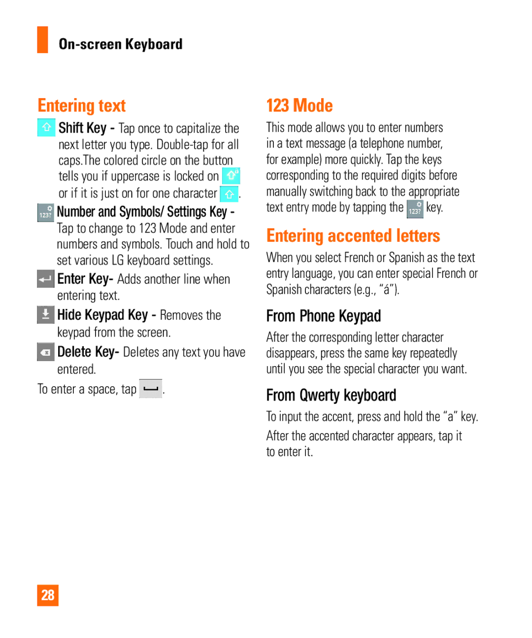 LG Electronics Thrill4GUnlocked Entering text, Mode, Entering accented letters, From Phone Keypad, From Qwerty keyboard 