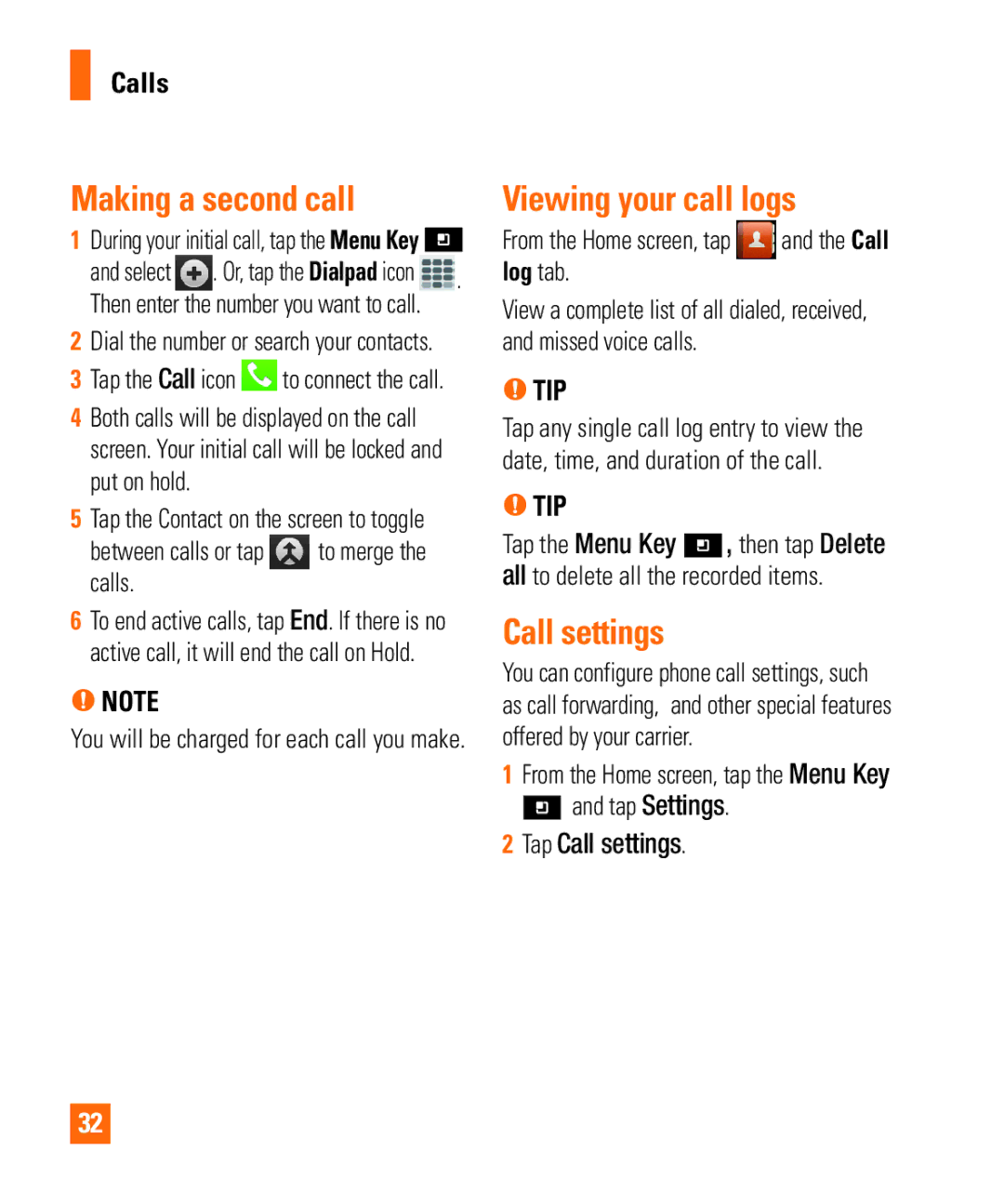 LG Electronics Thrill4GUnlocked user manual Making a second call, Viewing your call logs, Calls, Tap Call settings 