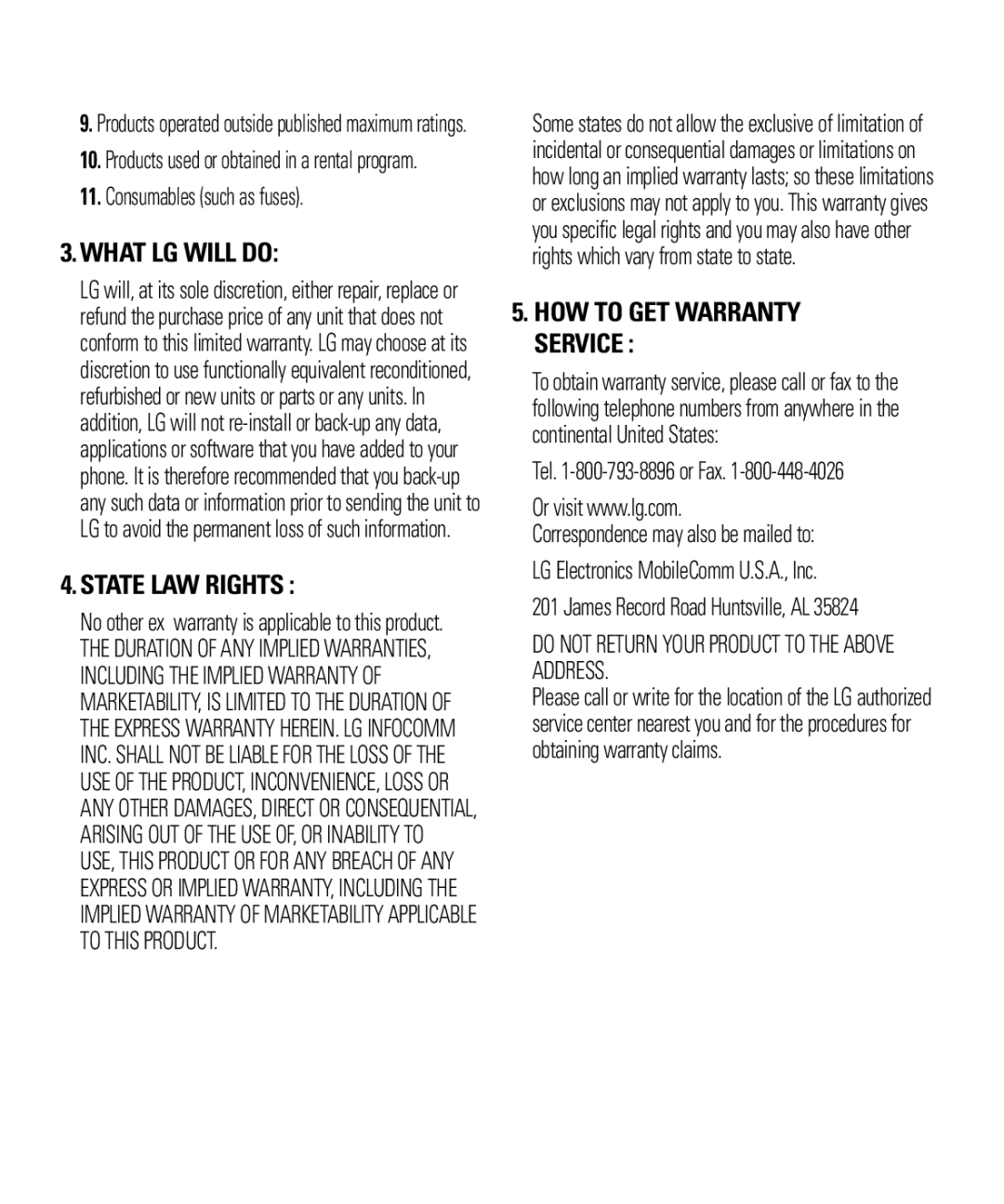 LG Electronics Thrill4GUnlocked user manual What LG will do, Consumables such as fuses 