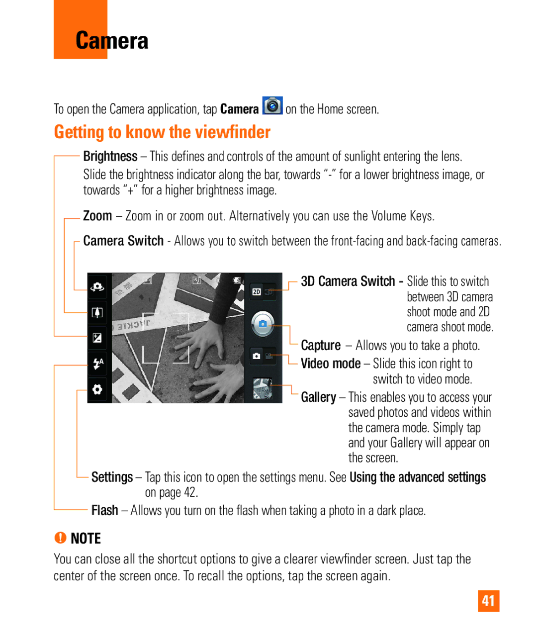 LG Electronics Thrill4GUnlocked user manual Camera, Getting to know the viewfinder, Capture Allows you to take a photo 