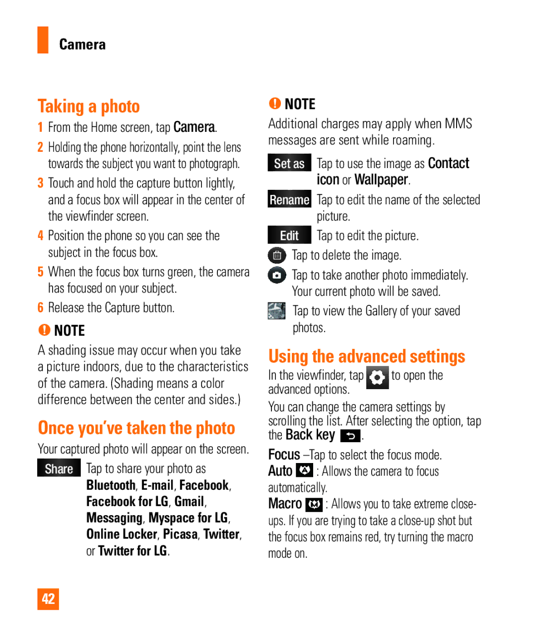 LG Electronics Thrill4GUnlocked user manual Taking a photo, Using the advanced settings, Camera 