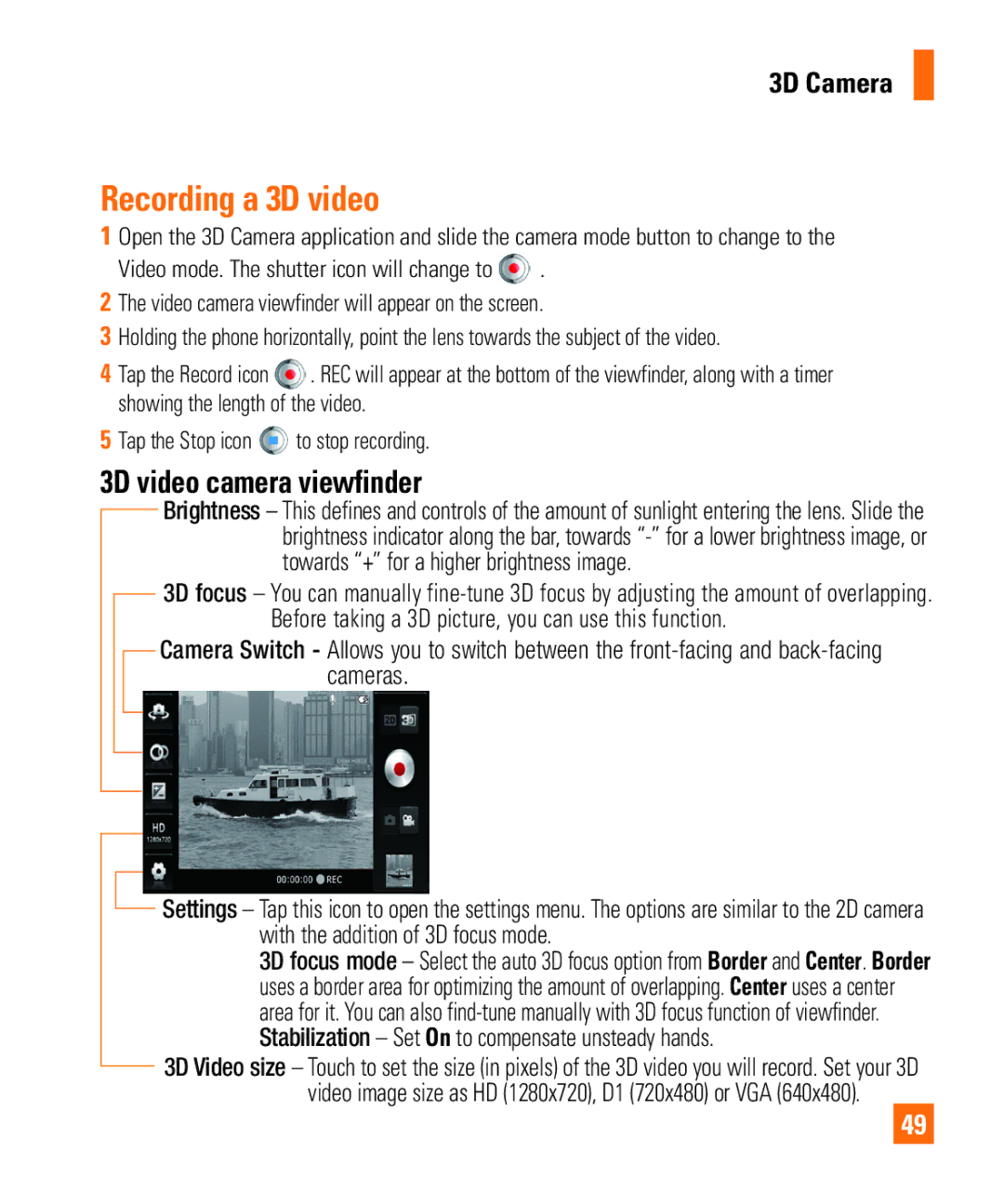 LG Electronics Thrill4GUnlocked user manual Recording a 3D video, 3D video camera viewfinder, 3D Camera 